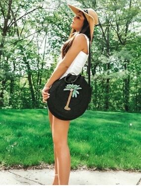 Forever 21 Black Woven Palm Tree Tote Crossbody Beach Bag